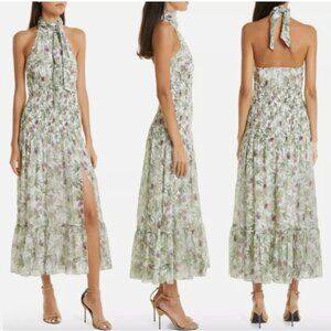 Cinq a Sept Dover Floral Midi Dress Sz 8 Halter Neck White Green Flare NEW $495